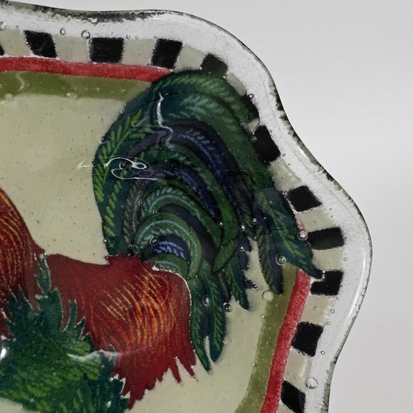 Vintage Peggy Karr Rooster Fluted Glass Bowl Signed Checkered Edge Metal Stand - Picture 5 of 10